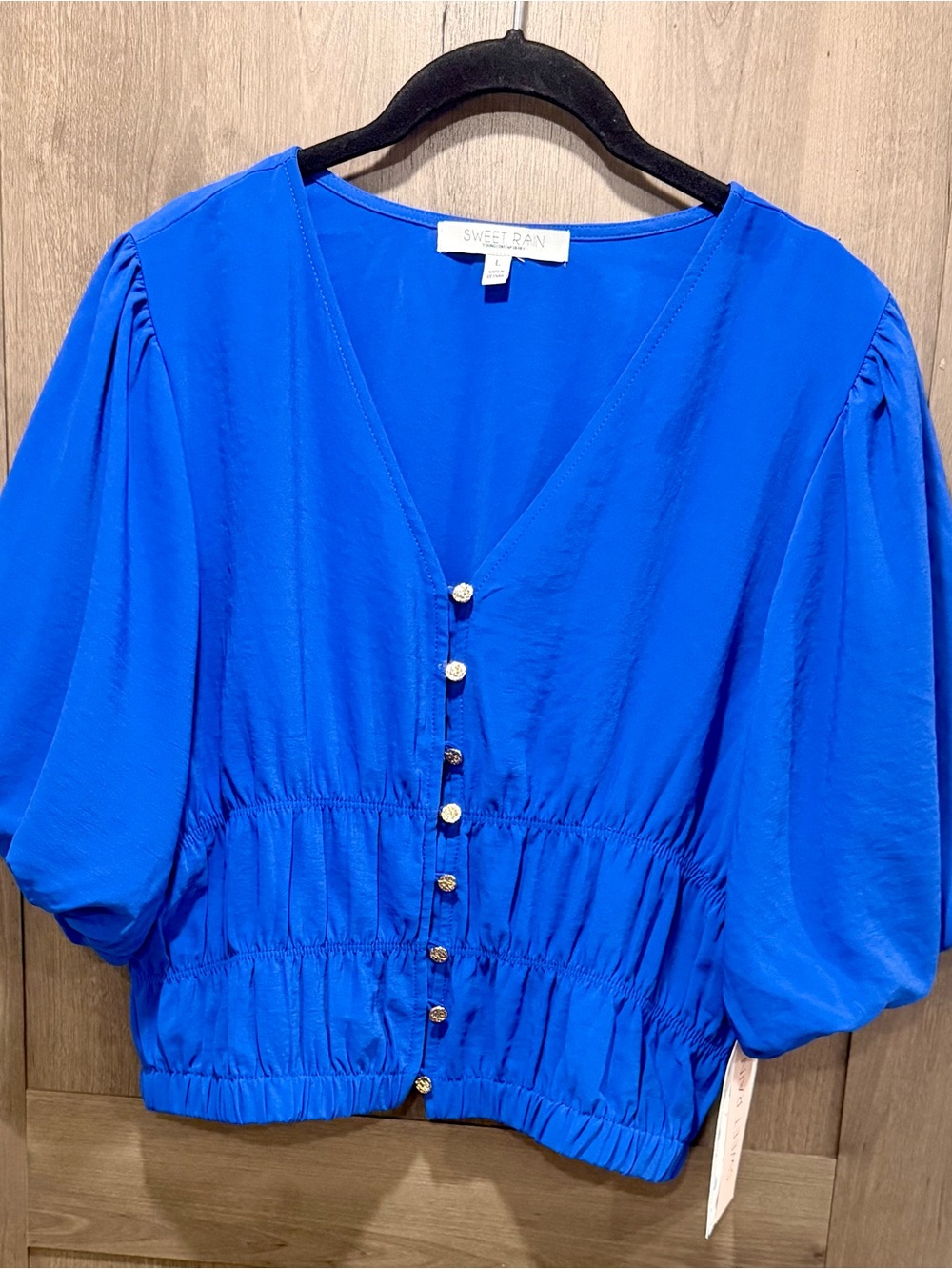 Sweet Rain Royal Blue V-Neck Buttoned Puff Sleeve Blouse